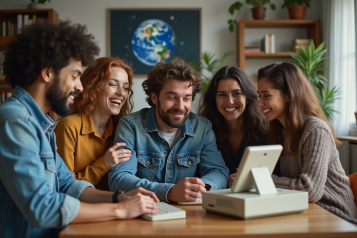 Groupe d'adultes autour d'un ordinateur vintage et téléphone mobile des années 90