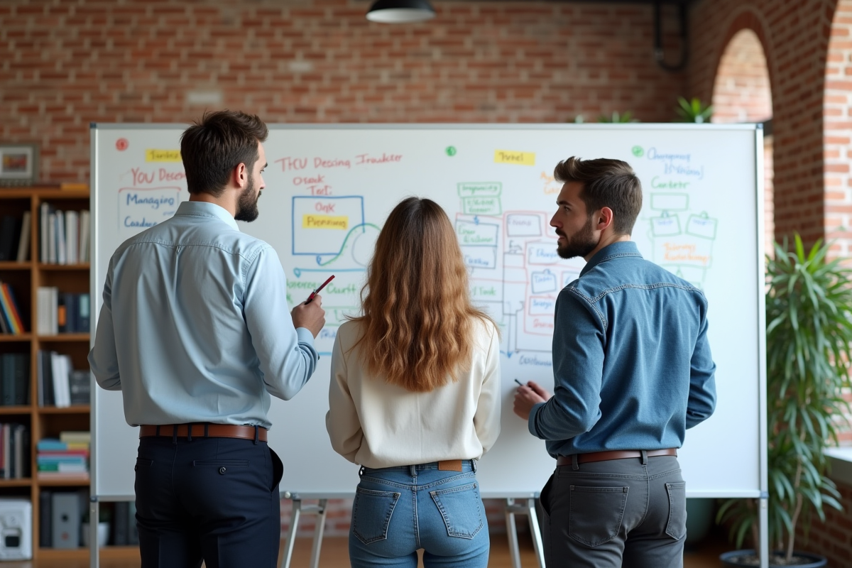 Groupe de professionnels discutant devant un tableau blanc