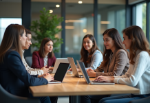 Outils de collaboration : définition, fonctionnalités et avantages à découvrir Groupe de professionnels en réunion dans un bureau moderne