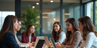 Outils de collaboration : définition, fonctionnalités et avantages à découvrir Groupe de professionnels en réunion dans un bureau moderne