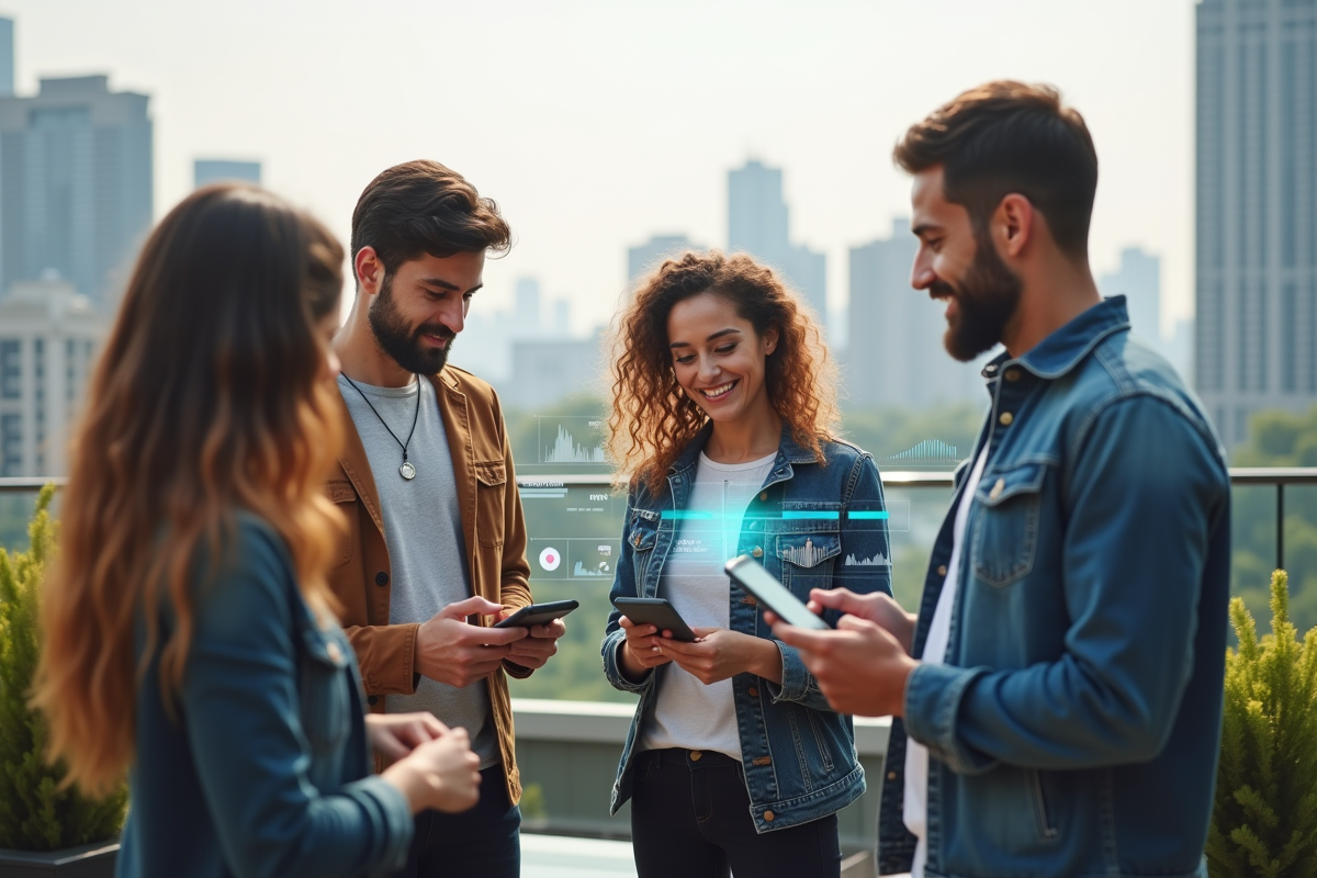 Groupe de jeunes professionnels discutant avec tablettes en rooftop
