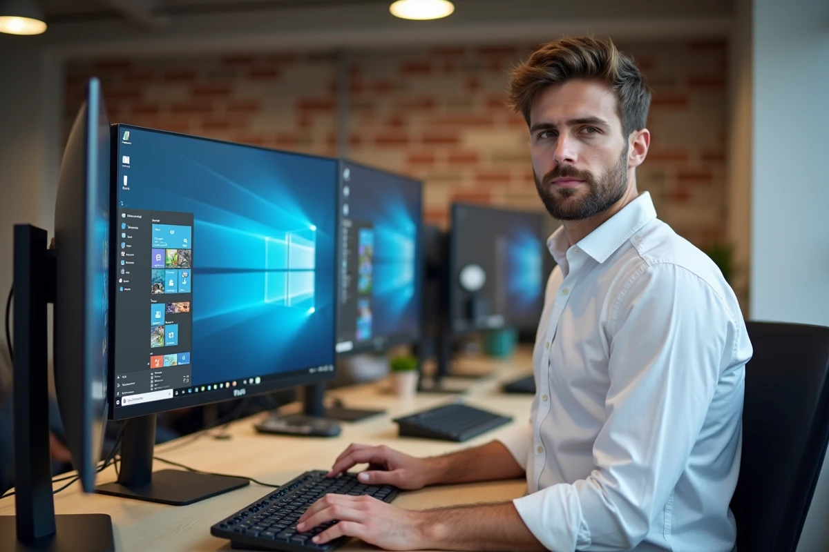 Jeune homme utilisant un guide Windows en français sur un double écran dans un espace de coworking