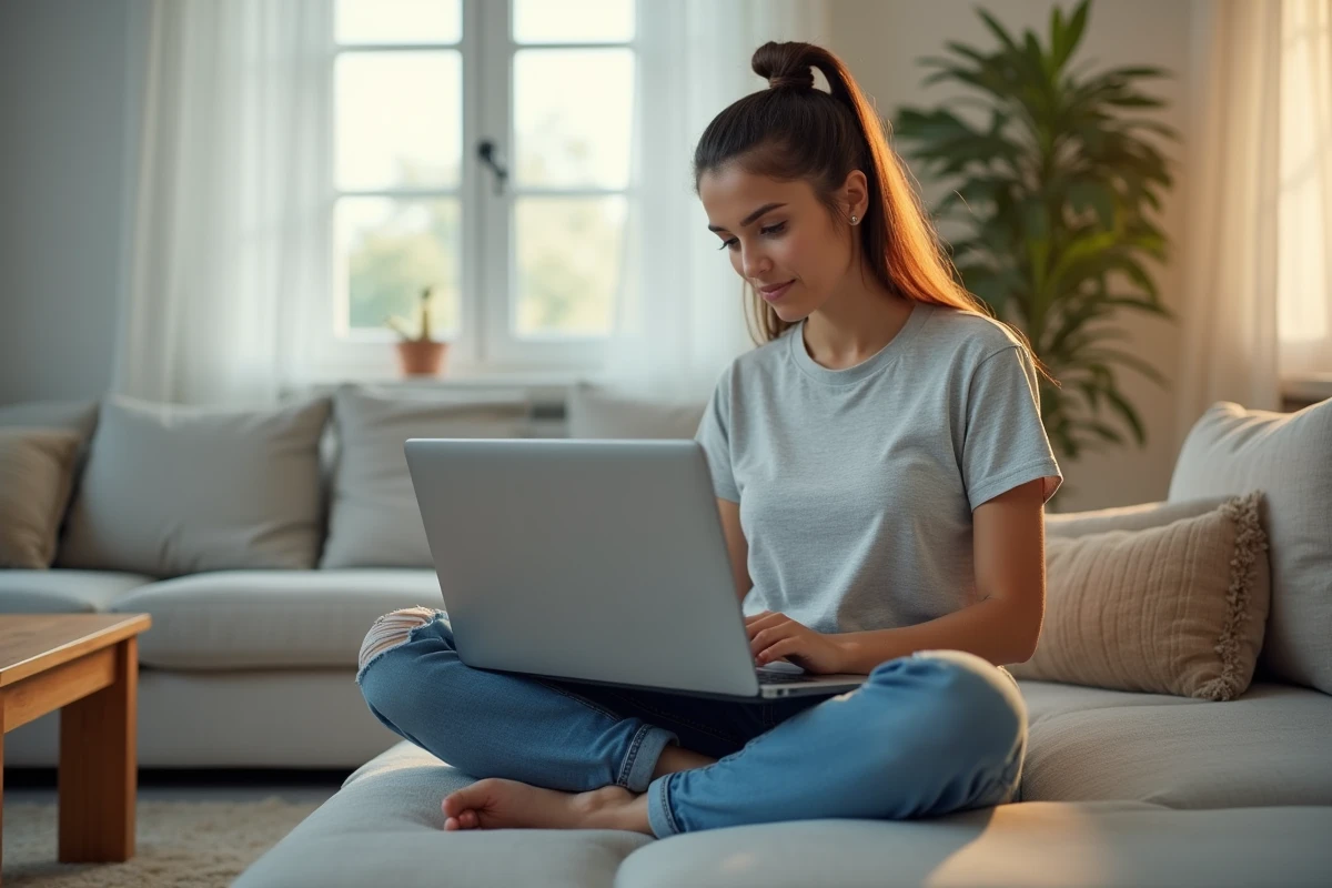 Femme consultant un guide en français sur Windows depuis son canapé avec un ordinateur portable