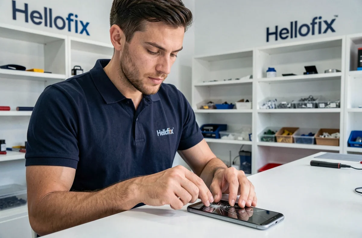 Technicien de Hellofix Aimargues en train de remplacer l'écran d'un smartphone sur un établi blanc et bien organisé