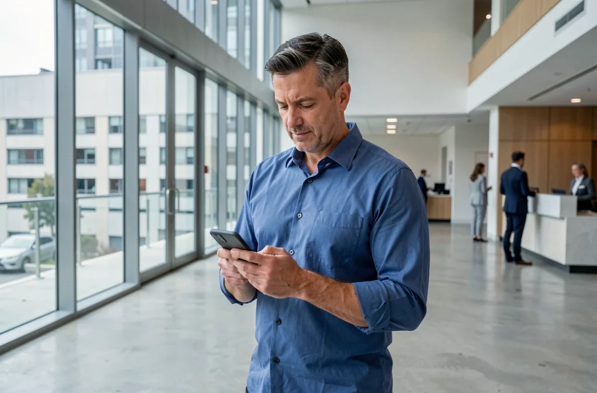 Homme d'affaires accédant à son coffre-fort numérique MyPeopleDoc via mobile dans un hall d'entreprise