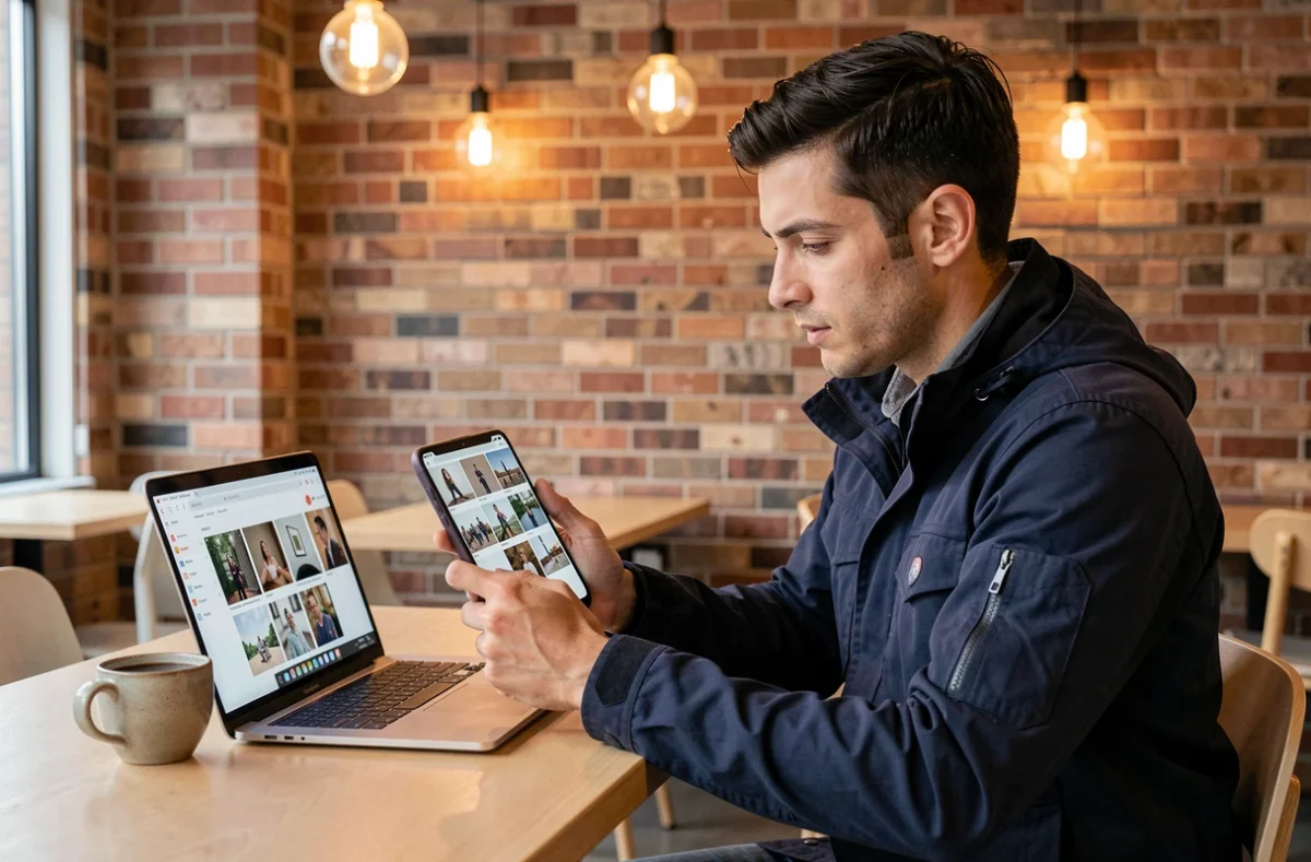 Homme analysant des clichés pris avec le Pixel 9 Pro XL dans un café moderne