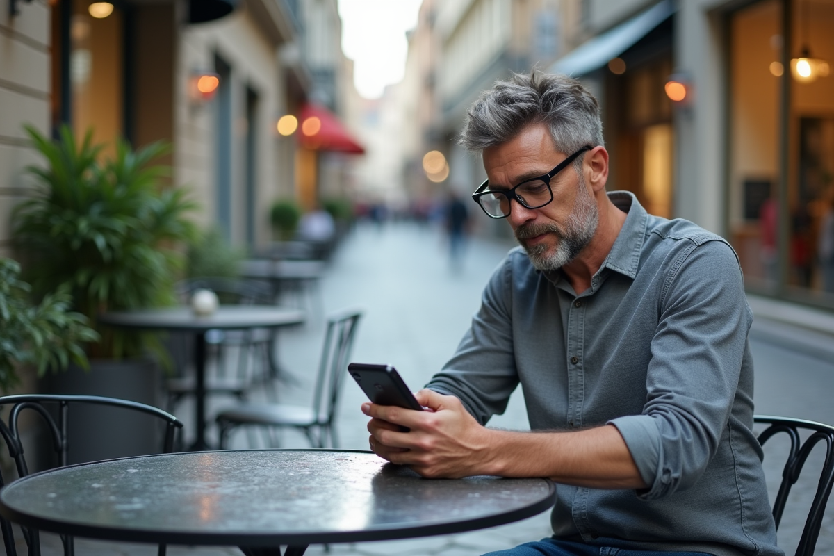 Homme entrant un code sur son téléphone dans un café en extérieur