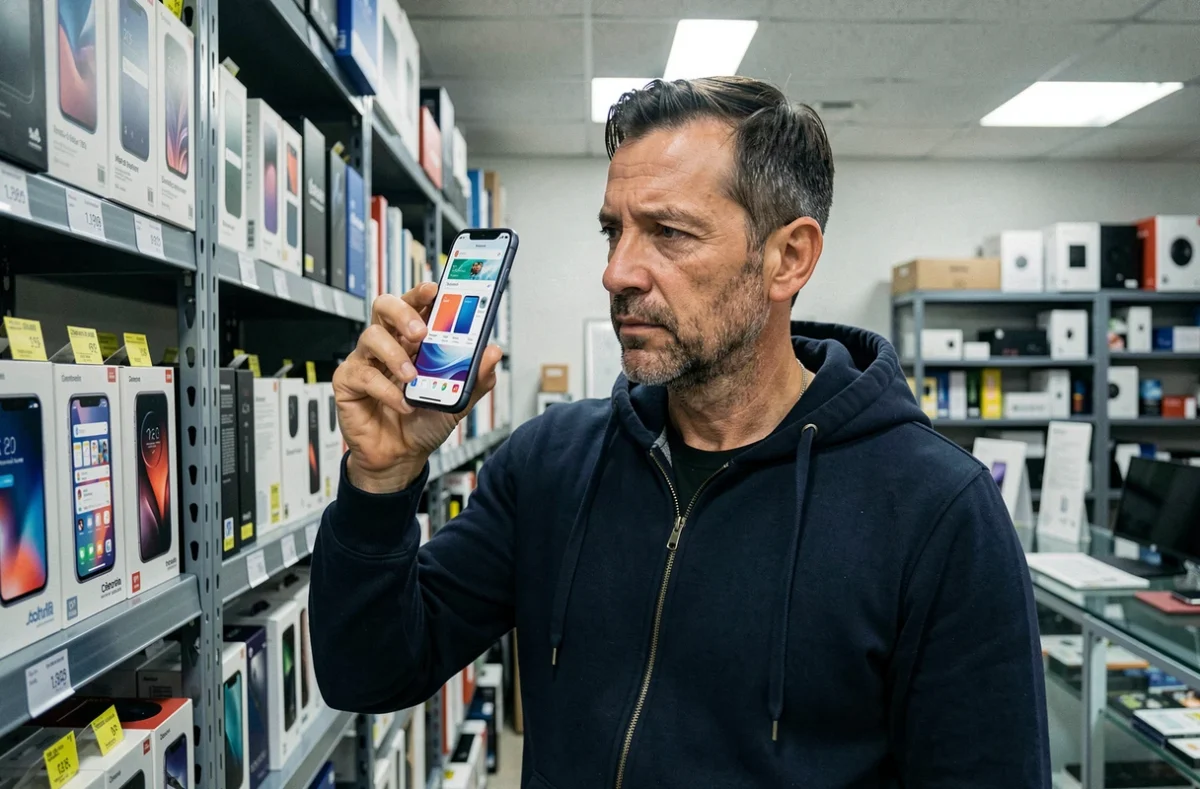 Homme inspectant un smartphone reconditionné dans une boutique de téléphones d'occasion