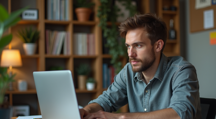 Homme d'âge moyen travaillant dans un bureau cosy