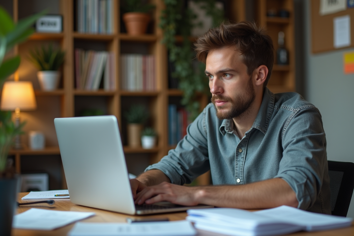 homme-bureau-casual Homme d'âge moyen travaillant dans un bureau cosy