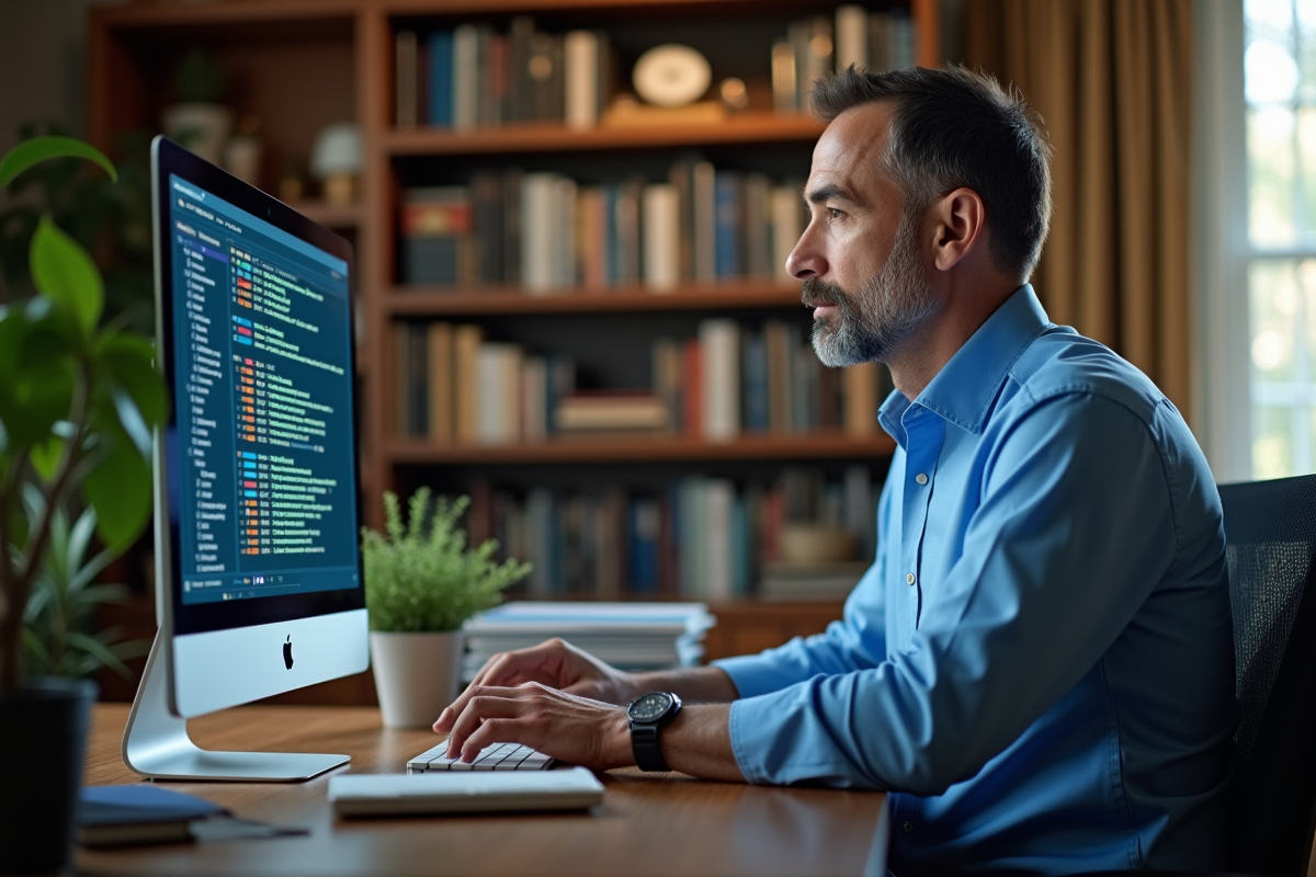 Homme au bureau familial travaillant sur une base de donnees