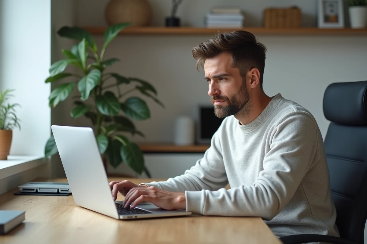 Homme concentré au bureau avec box internet fibre