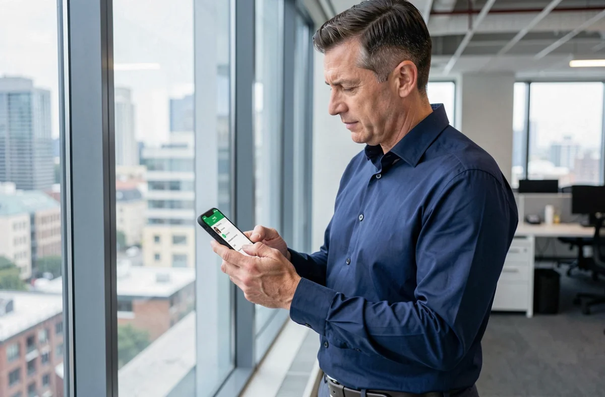 Homme en bureau vérifiant le bon destinataire pour un message WhatsApp programmé