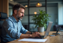 Menaces informatiques : comprendre et prévenir les risques pour votre système Homme d affaires au bureau avec message d alerte sur son ordinateur