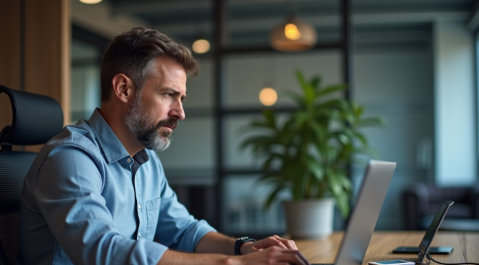 Menaces informatiques : comprendre et prévenir les risques pour votre système Homme d affaires au bureau avec message d alerte sur son ordinateur