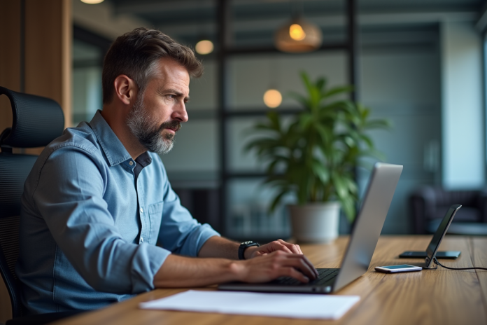 homme-bureau-ordinateur-warning Homme d affaires au bureau avec message d alerte sur son ordinateur