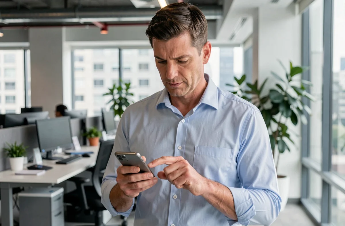 Homme en bureau utilisant son téléphone pour planifier l'envoi automatique d'un message WhatsApp