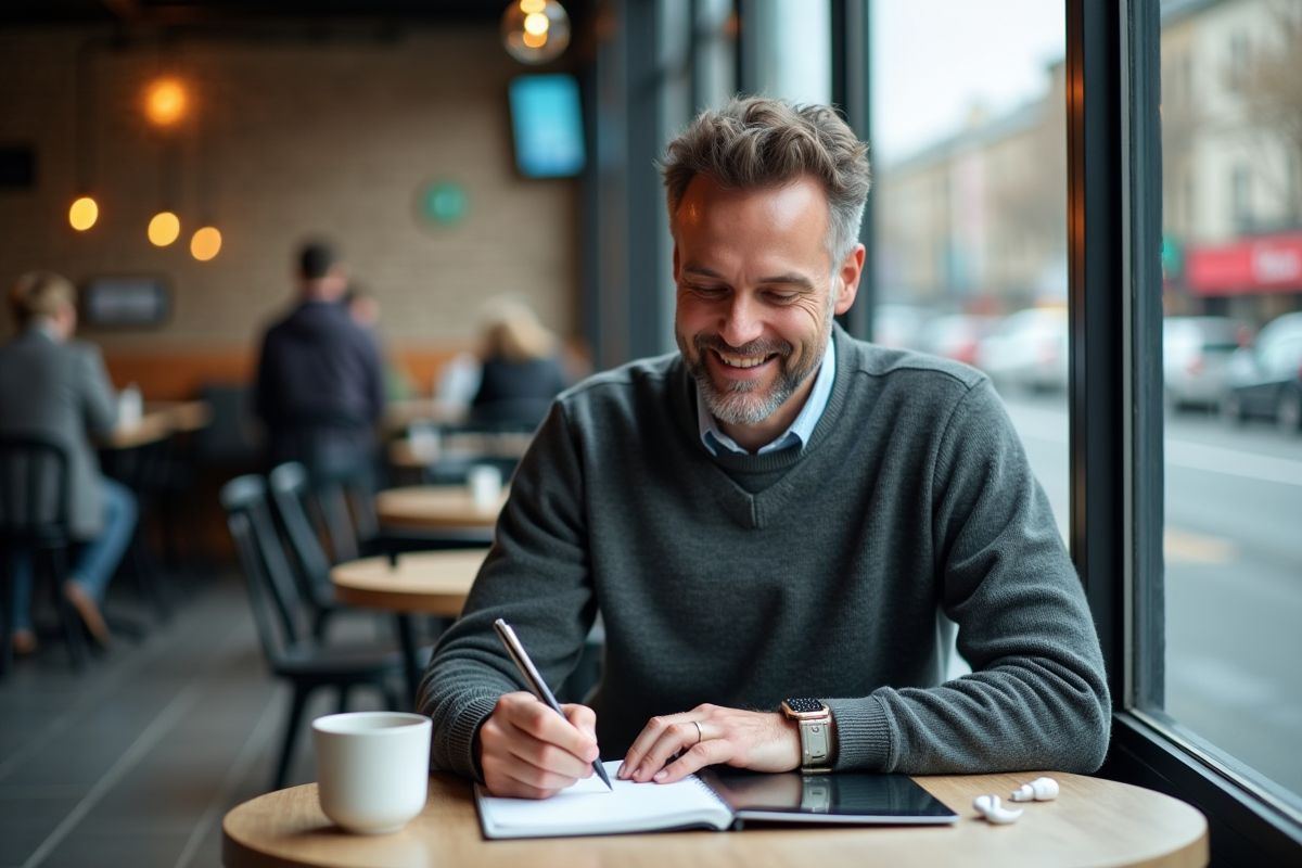 Homme en café en train de réfléchir avec tablette et carnet