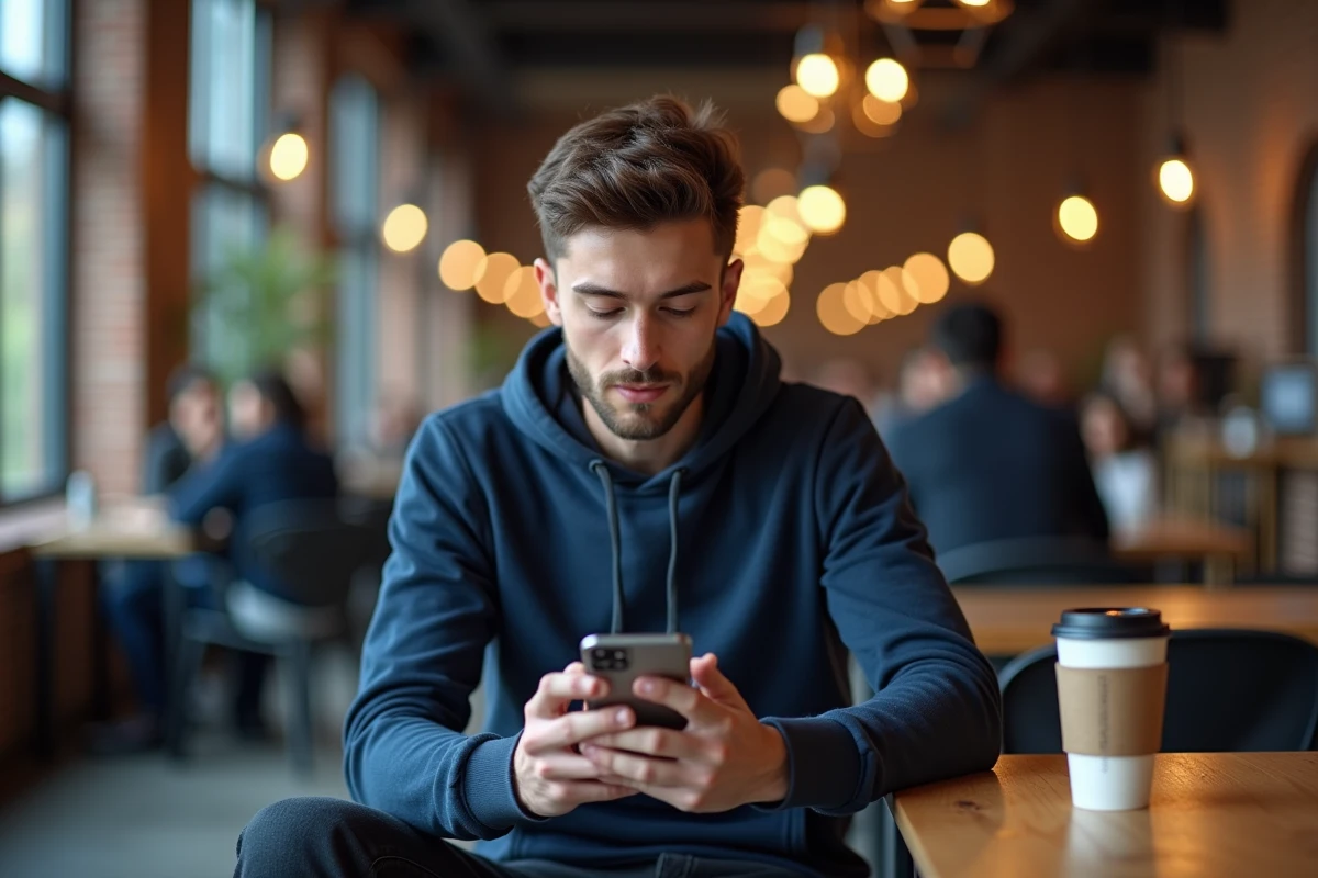Jeune homme consultant un chatbot GPT gratuit sur smartphone dans un espace de coworking