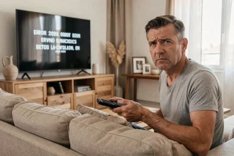 Homme frustré tenant une télécommande face à une télévision affichant un code erreur L11-06 Orange