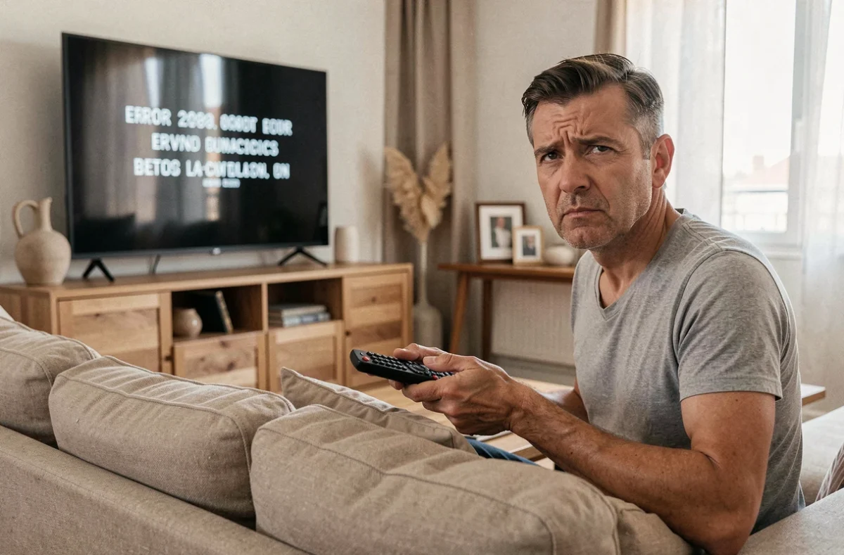 Homme frustré tenant une télécommande face à une télévision affichant un code erreur L11-06 Orange