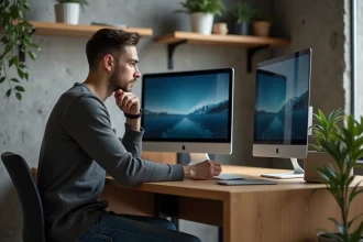 Jeune homme compare ecran ordinateur et TV dans un bureau moderne