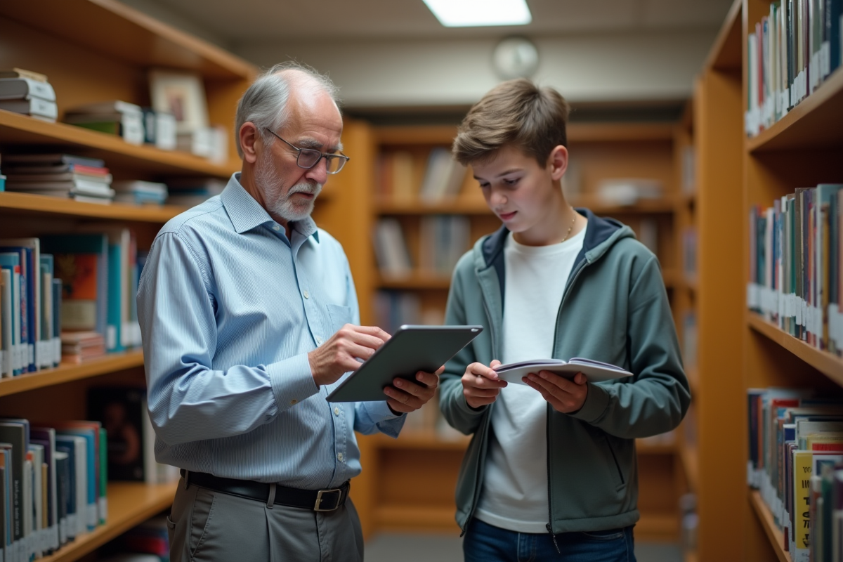 Homme senior montrant la connexion WiFi à un enfant en bibliothèque