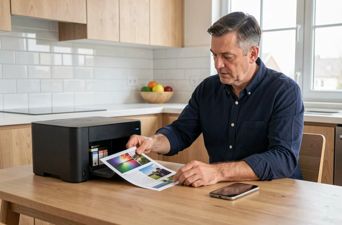 Homme récupérant un document imprimé depuis son smartphone via une imprimante Wi-Fi à réservoir d'encre posée sur une table de cuisine