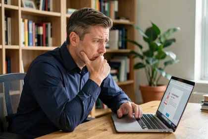Homme frustré devant un écran d'ordinateur affichant une erreur de connexion webmail EDF indisponible
