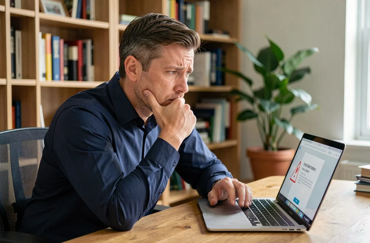 Homme frustré devant un écran d'ordinateur affichant une erreur de connexion webmail EDF indisponible