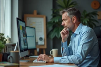 Homme frustré devant son ordinateur de bureau après un problème logiciel avec Agendis 95