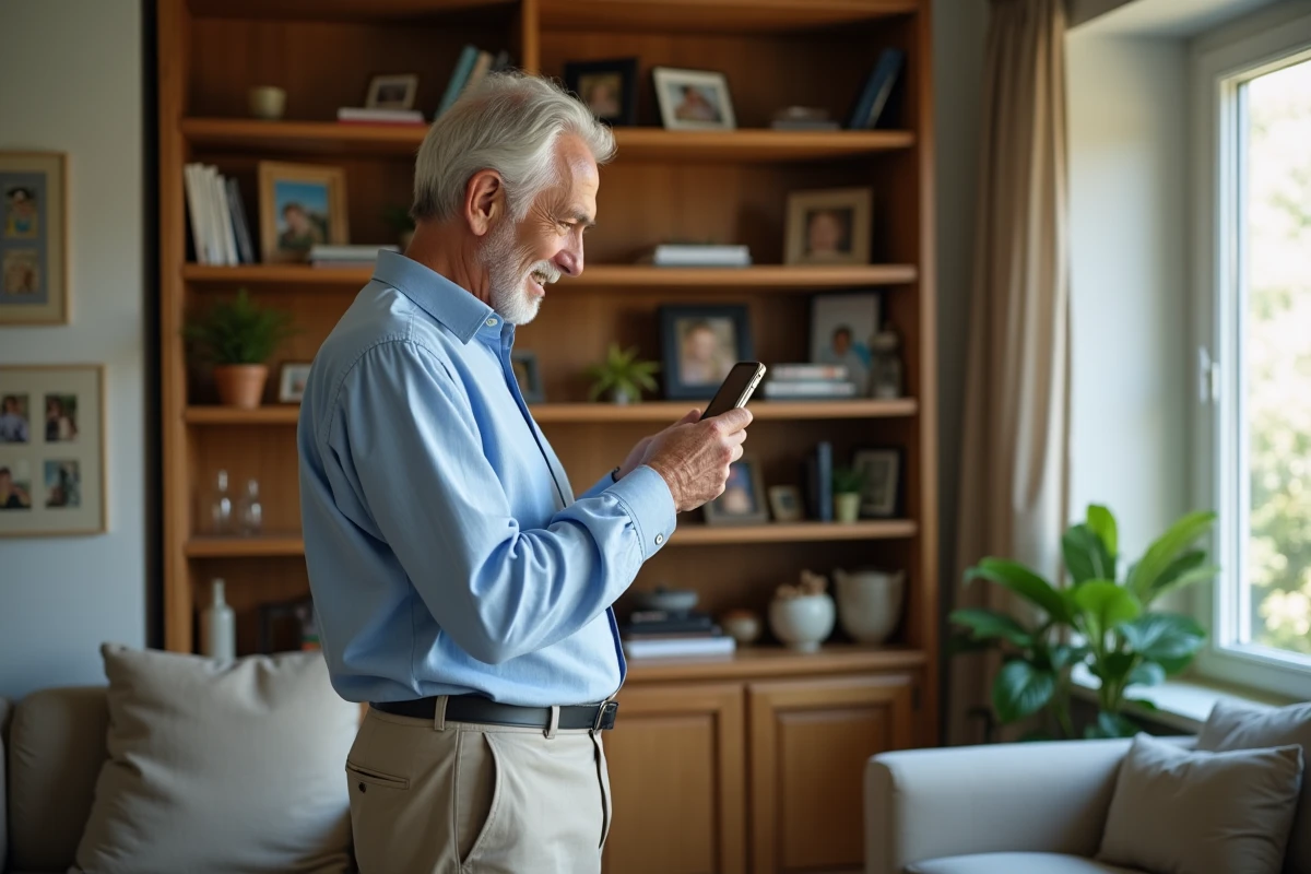 Homme &acirc;g&eacute; regardant ses photos sur son iPhone dans le salon