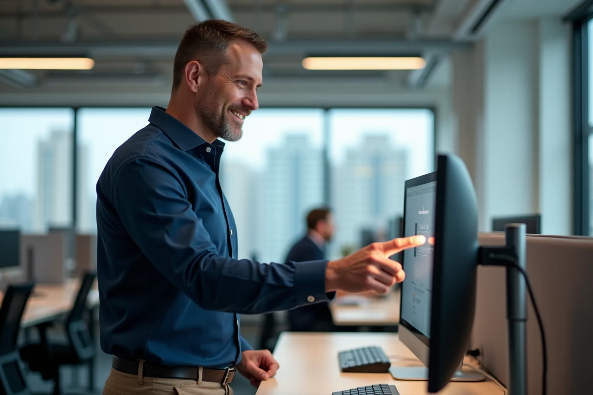 Homme appuyant sur une icone de bureau dans un espace de travail