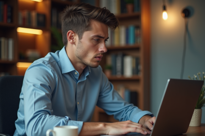 Jeune homme concentré devant un ordinateur avec erreur d'authentification