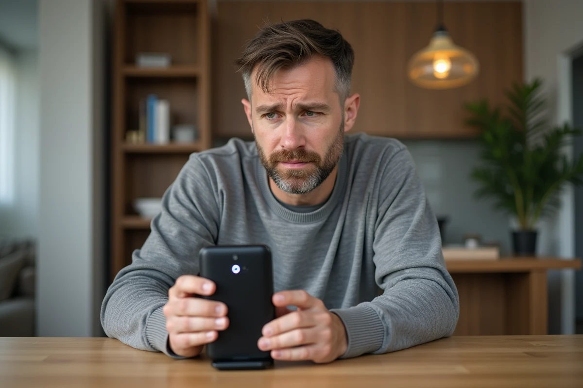 Homme d'âge moyen examinant un modem internet dans un intérieur moderne