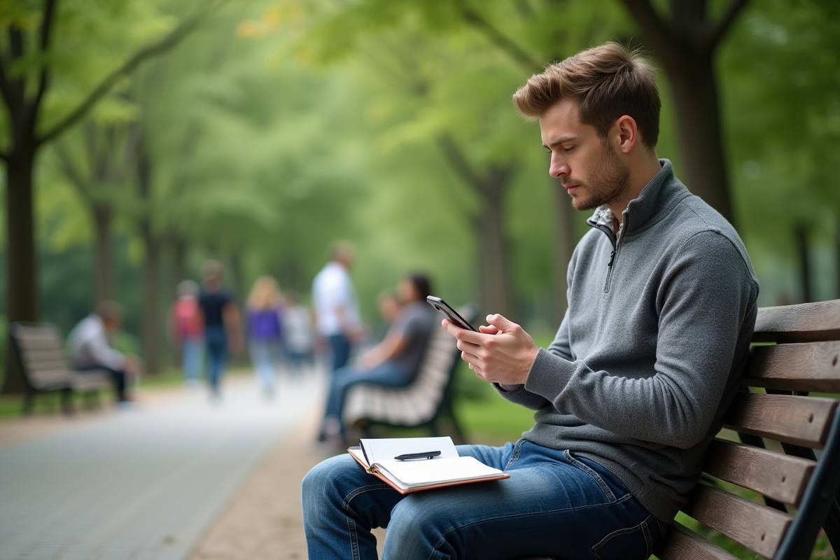 Homme en extérieur regardant son smartphone dans un parc