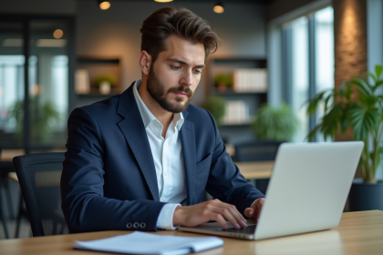 Homme en blazer blanc travaillant sur un ordinateur dans un bureau moderne