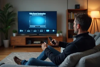 Homme assis regardant la télévision avec menu de conversion vidéo