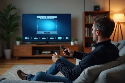 Homme assis regardant la télévision avec menu de conversion vidéo