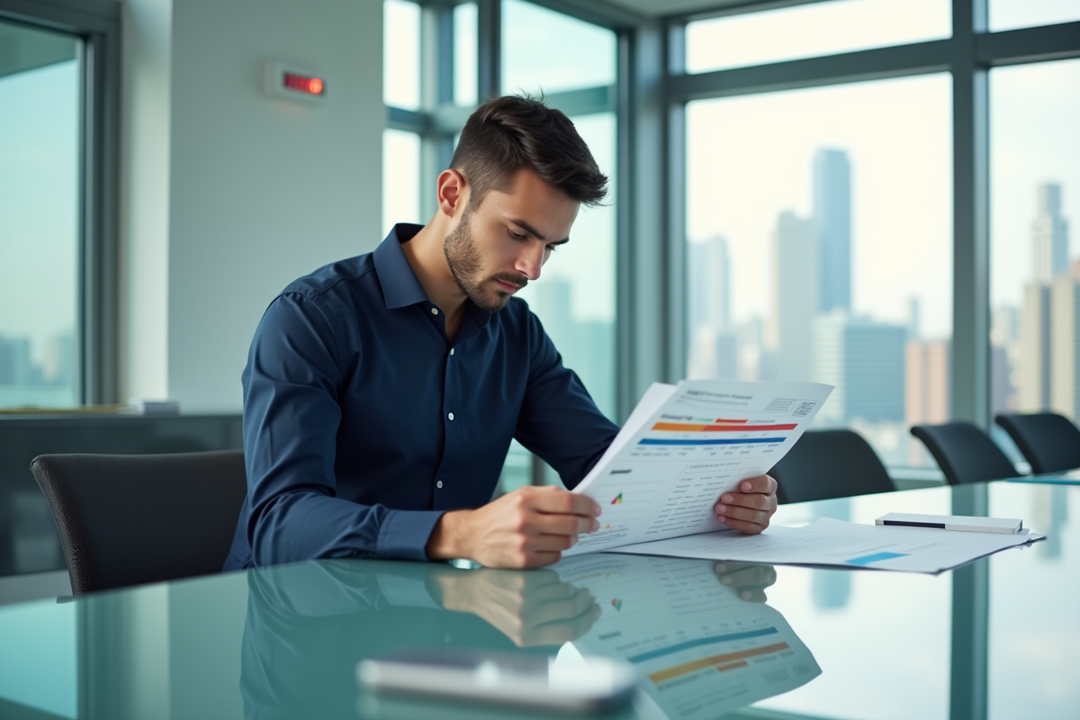 Jeune homme en réunion examinant un document avec tableau Word