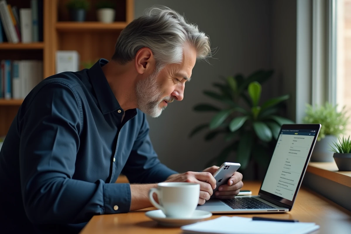 Homme consultant les paramètres de sauvegarde iPhone sur MacBook pour récupérer des messages perdus