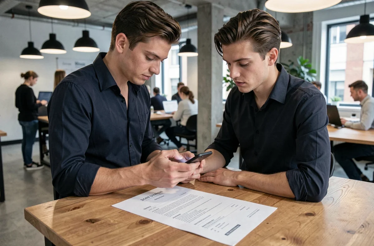 Jeune homme photographiant son CV avec un smartphone dans un espace de coworking pour l'envoyer par mail