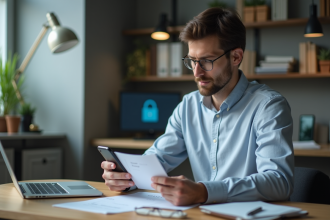 Homme vérifiant un code de sauvegarde au bureau