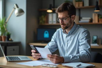 Homme vérifiant un code de sauvegarde au bureau