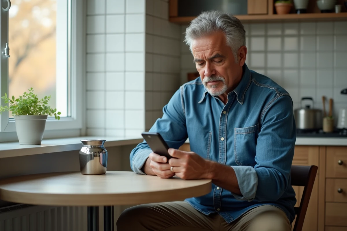 Homme utilisant un smartphone avec une application orange