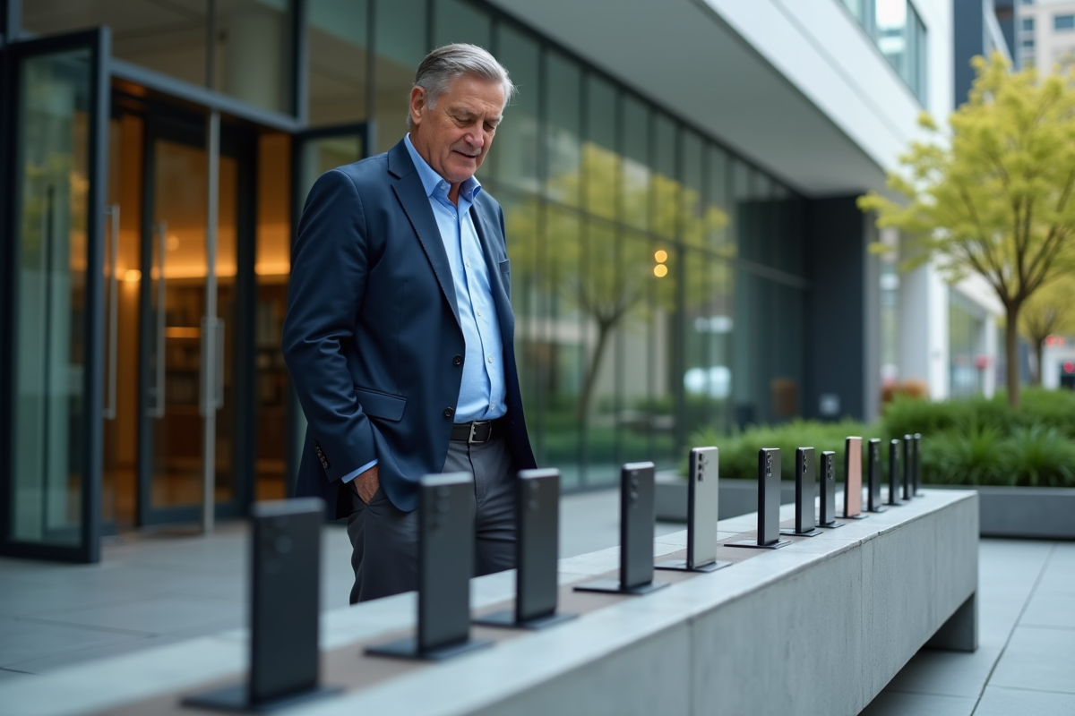 Homme d affaires examine des smartphones en extérieur