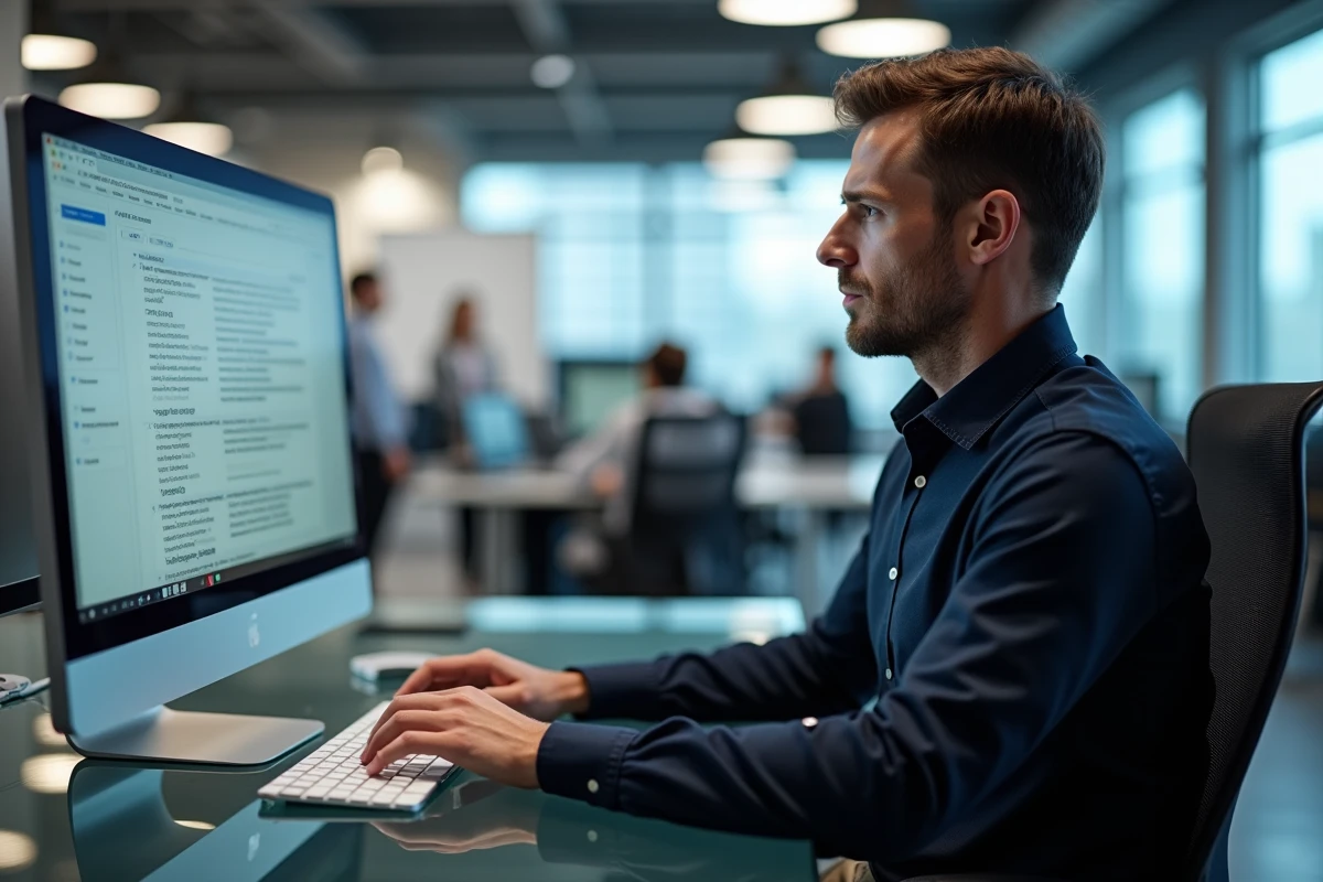 Homme supprimant des pages d'un PDF sur Google Drive depuis un ordinateur de bureau en entreprise