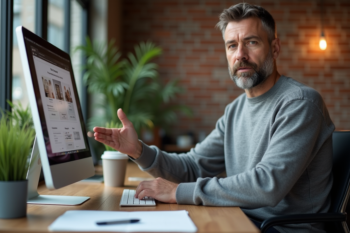 Homme gesticulant devant un écran dans un espace partagé