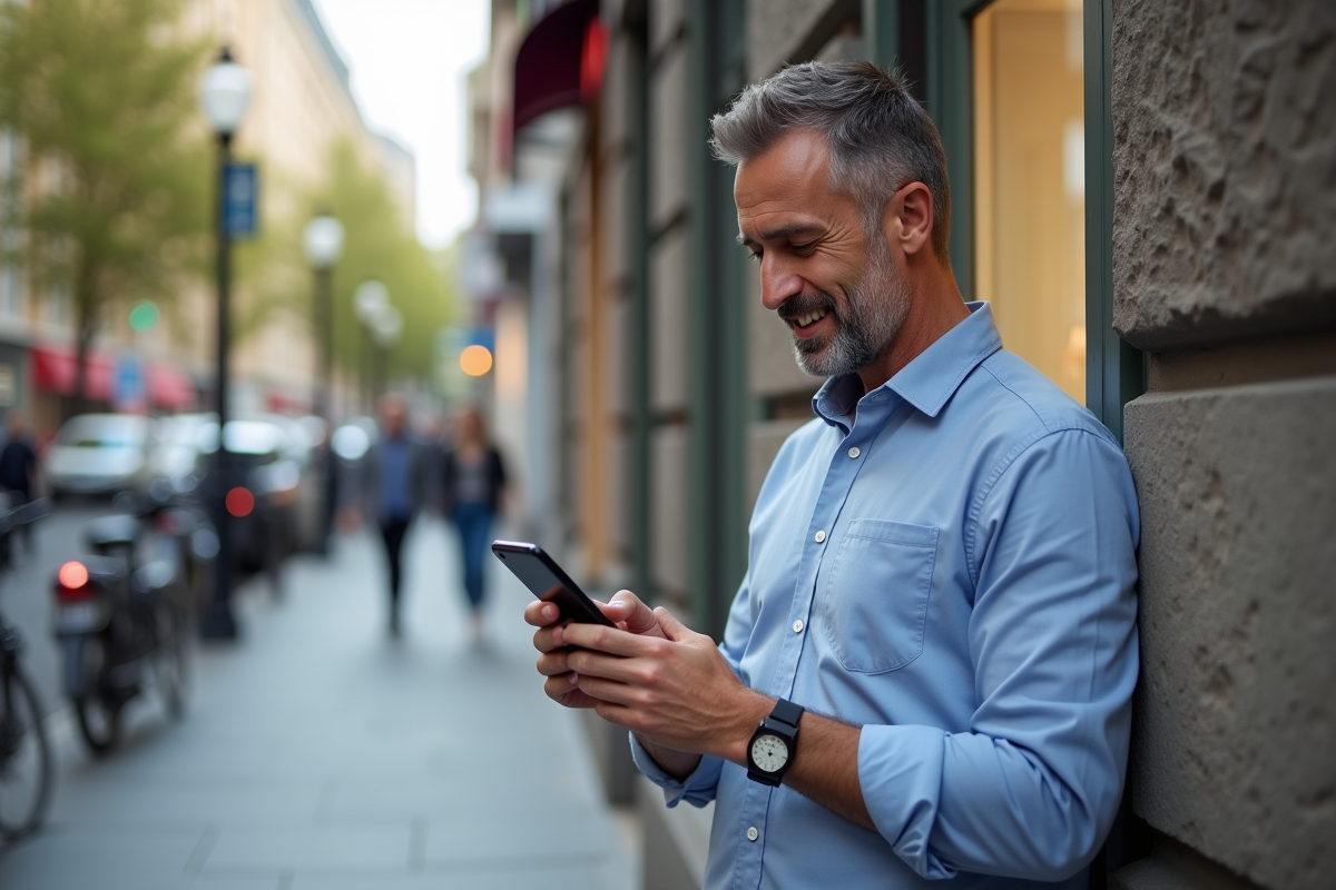 Homme d age moyen avec smartphone en ville