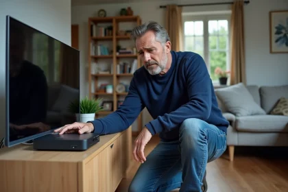 Homme d'âge moyen vérifiant une box internet dans un salon